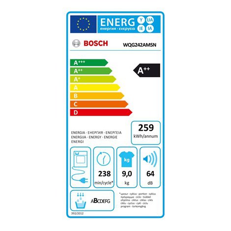 Bosch | WQG242AMSN Series 6 | Dryer Machine | Energy efficiency class A++ | Front loading | 9 kg | Sensitive dry | LED | Depth 6 - 5